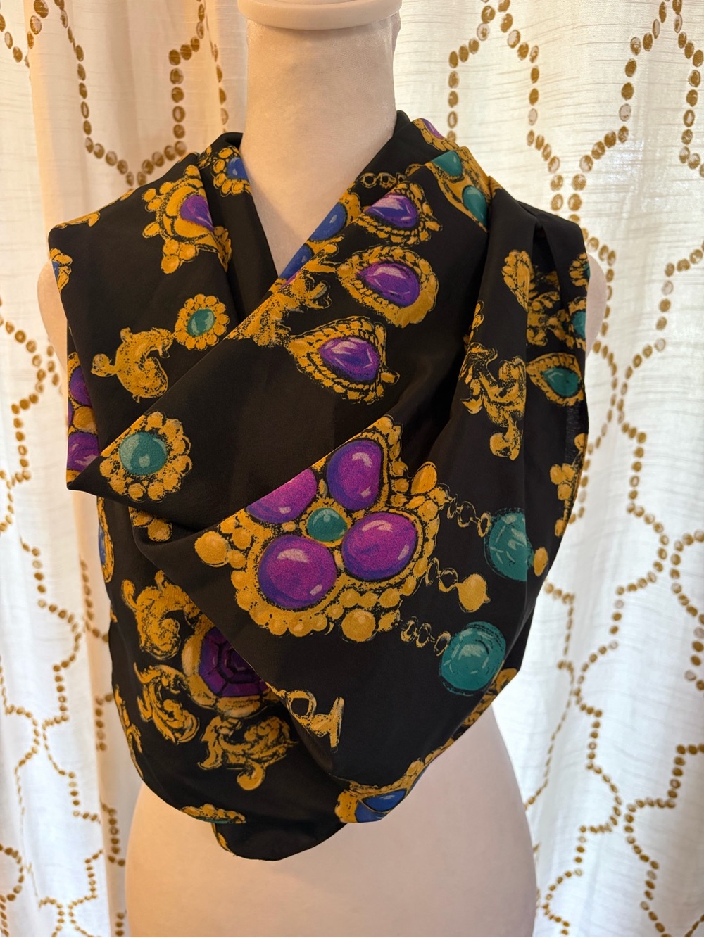 Vintage Black Scarf with Gold Baroque and Jewel Accents (Purple, Teal, Blue)